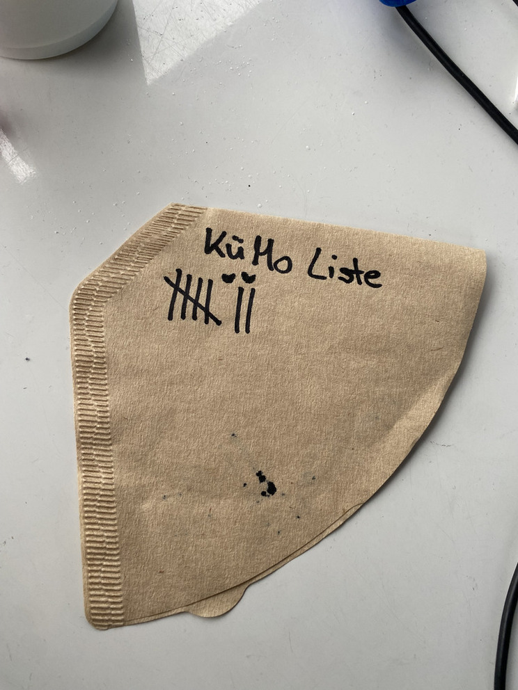 Ein ungenutzer Kaffeefilter ist beschriftet mit den Worten "KüMo Liste" und einer Strichlister darunter.