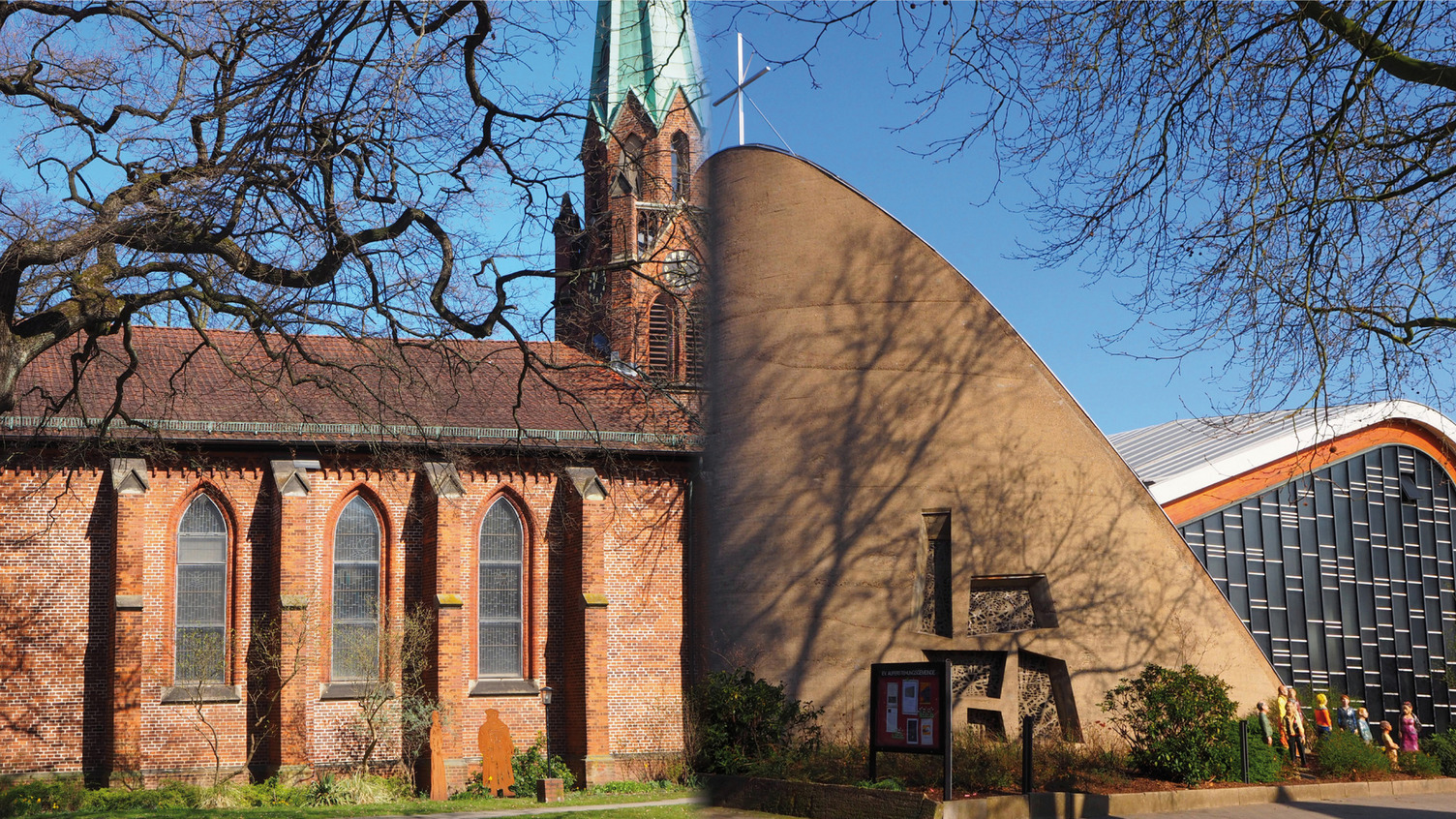 eine alte und eine moderne Kirche